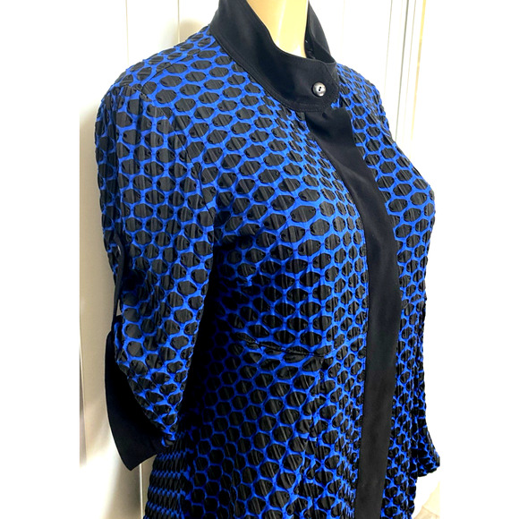 Joseph Ribkoff Jacket Blue Black Textured 3/4 Sleeve Button Down Draped 8 M - Picture 2 of 7
